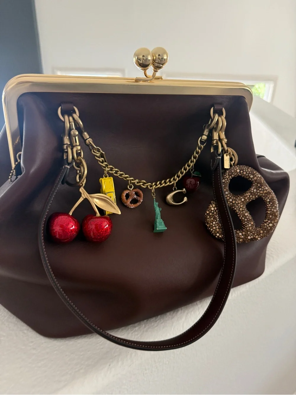 Leather Top-Frame Handbag with Charm Accents - Dark Brown